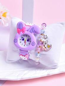 2026 Nuevo Set de 2 piezas, regalo para la amiga de la hija, reloj de estudiante con correa de silicona suave, reloj de cuarzo con conejo de orejas largas y creativo, pulsera de cuentas colorida - Morado - Ver 10