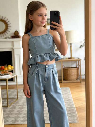 2pcs/Set Girls Outdoor Casual Cute Frill Trim Camisole Top And Retro Faded Wash Straight Leg Jeans Pants Set