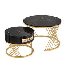 2-In-1 Round Coffee Table Made Of MDF, Side Table With Marble Tabletop And Plastic Rattan Drawers, Solid Wood Handles. Gold Iron Legs. 70 X 70 X 45.5 + 50 X 50 X 38.5 Cm - Black - View 3