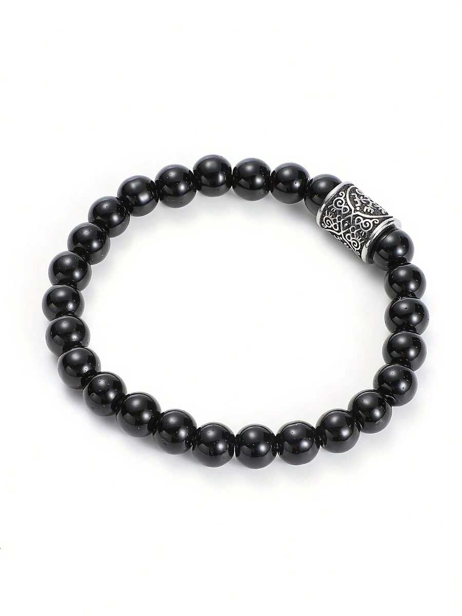 1pc Stone Beaded Viking Bead Elastic Bracelet - Black and White - View 1