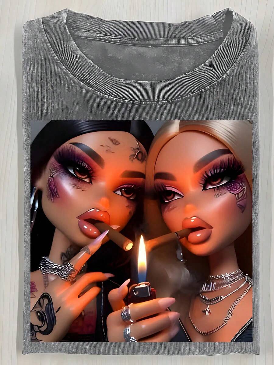 Yuega Tshrit 1pcMen'S Heavyweight 230gsm Vintage Batik T-Shirt - Oversized Relaxed Fit Retro Graphic Tee With Tattoo & Lipstick Print, Edgy Gothic Style Round Neck Casual Shirt For Men, All-Season Comfort, Ideal Halloween Gift (Doll Face DesignSummer Clothing Tops - 深灰色 - 查看 1