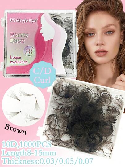 Brown Color, 1000 Cluster Per Box, 10D, C / D Curl ,Thickness 0.03mm / 0.05mm / 0.07mm, 8-15mm Lengths, Thin Pointy Base Russian Fans Ready Volume ,Easy To Carry, Natural & Soft, Party And Travel, Hand-Grafted False Eyelashes, DIY At Home, Soft & Natural, Voluminous & Fluffy, Enlarging Eyes