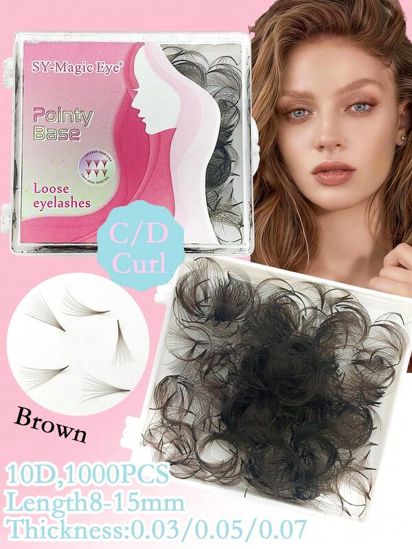 Brown Color, 1000 Cluster Per Box, 10D, C / D Curl ,Thickness 0.03mm / 0.05mm / 0.07mm, 8-15mm Lengths, Thin Pointy Base Russian Fans Ready Volume ,Easy To Carry, Natural & Soft, Party And Travel, Hand-Grafted False Eyelashes, DIY At Home, Soft & Natural, Voluminous & Fluffy, Enlarging Eyes