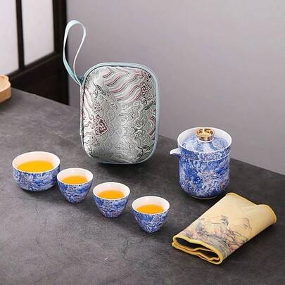 1 Set Picnic y Camping Portátil Cloisonné Dragón de Plata Juego de Té Kung Fu, Juego de Té Creativo Cultural de la Ciudad Prohibida con 1 Tetera y 4 Tazas, Regalo Conveniente