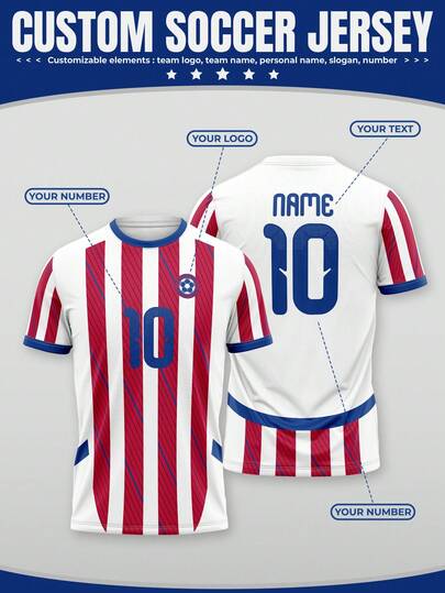 1pc Custom 2026 Season Jersey, White & Red Printed Paraguay Style Football Sports Top, Suitable For Outdoor Sports, Football Training, Football Viewing