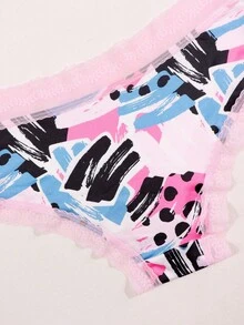 Dircho 3条装性感撞色粉色蕾丝低腰三角裤，全印花舒适丝滑贴身三角裤，女士内衣裤 - 彩色 - 查看 6