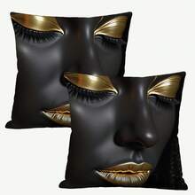 100% Polyester Dekorativer Kissenbezug, 17.7X17.7 Inch, moderner nordischer Stil Kissenbezug - auffälliges goldenes Make-up und Wimpern Design, Kissenbezug für Raumdekoration, reißverschlussloser Zierkissenbezug für Sofa, Kisseneinsatz nicht enthalten - schwarz+gold - Übersicht 20