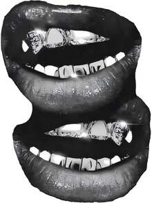 Maglietta casual Grin Fang Mouth [100% cotone], tinta in capo, vestibilità squadrata - nero - Visualizzare 3