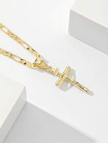 1pc Classic European And American Style Copper Cross Pendant Necklace, Suitable For Stacking, Limited Edition "Light Of Protection", Suitable As Gift For Christmas/Thanksgiving/Halloween/Mother's Day/Valentine's Day, Couples/Friends/Believers, First Holy Communion, Daily And Holiday Wear, Prayer - Yellow Gold - View 4