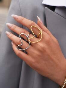 2pcs/1pc Women's Minimalist Hollow Open Heart Shaped Ring, Gold & Silver Color, Delicate & Compact, Suitable For Daily Wear, Parties, Weddings, Birthdays, Valentine's Day And Other Occasions - Multicolor - View 3