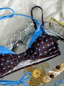 Bộ bikini chấm bi cổ điển dành cho nữ, đồ bơi gợi cảm cổ yếm hở lưng màu xanh nhạt, chấm bi nâu, bikini ngắn không tay dáng chữ A bất đối xứng, thích hợp cho mùa đông, đi chơi, sinh nhật, thường ngày, phong cách phương Tây, câu lạc bộ, bãi biển và kỳ nghỉ hè. - màu nâu - Xem 6