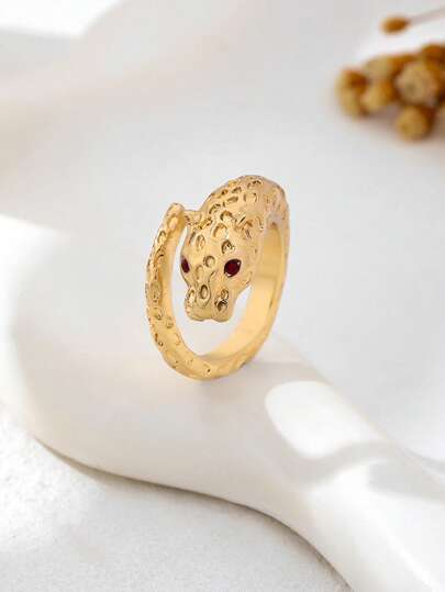 1pc Fashionable Leopard Auspicious Beast Rhinestone Decor Metal Gold Ring, Suitable For Party, Vacation, Ball, Core Accessory