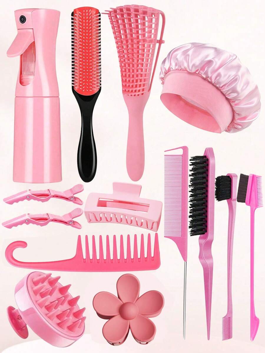 14件套自然卷发造型工具套装，包括喷雾瓶、睡眠帽、卷发梳、顺发梳、鳄鱼夹、干湿两用梳理套装，粉色/黑色/紫色可选 - 彩色 - 查看 1