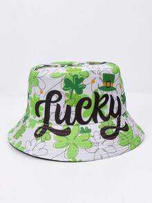 1 pieza Sombrero de sol reversible de poliéster con estampado de trébol y flores, estilo bohemio, protección UV, adecuado para primavera, verano, otoño, Día de San Patricio, unisex, sombrero de ala ancha con trébol verde irlandés de la suerte - Multicolor - Ver 12