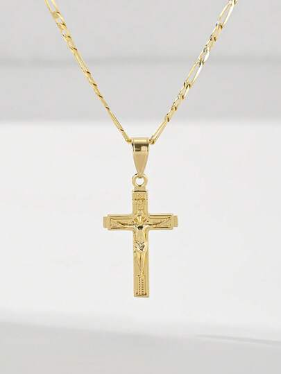 1pc Classic European And American Style Copper Cross Pendant Necklace, Suitable For Stacking, Limited Edition "Light Of Protection", Suitable As Gift For Christmas/Thanksgiving/Halloween/Mother's Day/Valentine's Day, Couples/Friends/Believers, First Holy Communion, Daily And Holiday Wear, Prayer