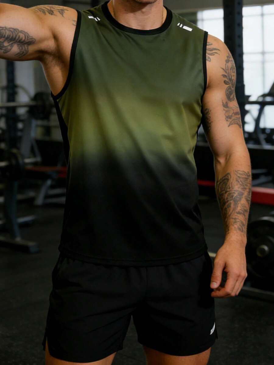 Men's Minimalist Ombre Print Sleeveless T-Shirt, Sports Tank Top, Summer Quick-Dry Basketball Training Fitness Vest - Army Green - View 1