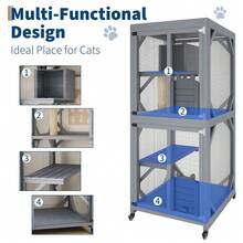 Catio al aire libre de 4 niveles con ruedas, 30 "L * 30" W * 68 "H Caja de gato montada en ventana con poste de rascados, techo a prueba de intemperie y 2 puertas deslizantes, playpen de gato de mader - Gris - Ver 5