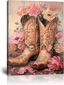 Floral Cowgirl Boots Wall Art Cowboy Canvas Wall Decor Flower Paintings  Preppy Western Aesthetic Prints Pictures For Girls Bedroom - White - 查看 1
