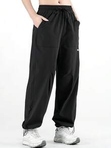 女士速干徒步裤，冰丝阔腿裤，可调节裤脚和抽绳腰带，弹力工装裤，适合露营 - 黑色 - 查看 3