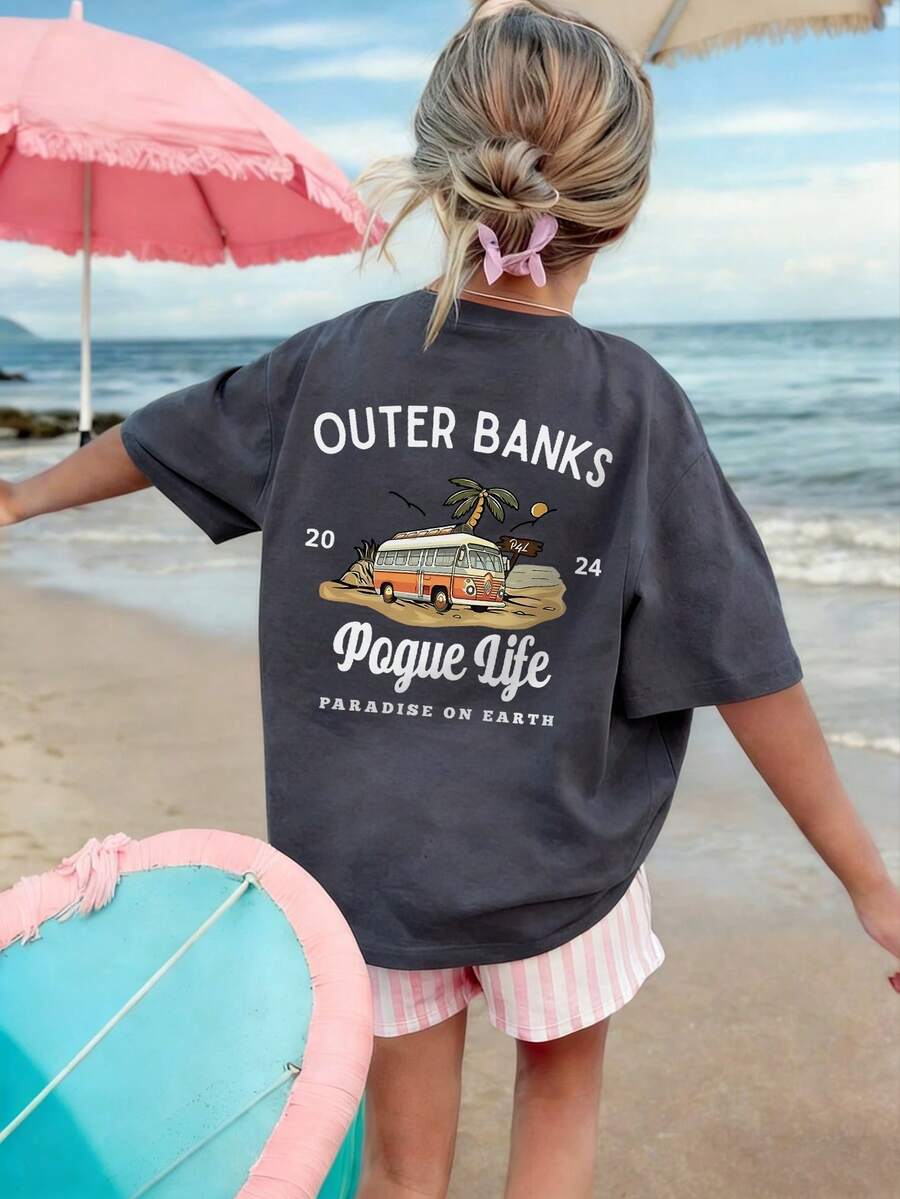 Girls' Casual Printed Round Neck Short Sleeve T-Shirt, Suitable For Summer Student And Children Wear - Comfortable Life Bus Tree Series Artistic Style T-Shirt, Inspiring Imagination And Self-Expression - Dark Grey - View 1