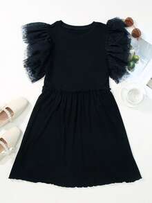 Acelitt Đầm đen trơn viền bèo nhún, kiểu dáng thường ngày, thanh lịch cho mùa hè. - màu đen - Xem 6