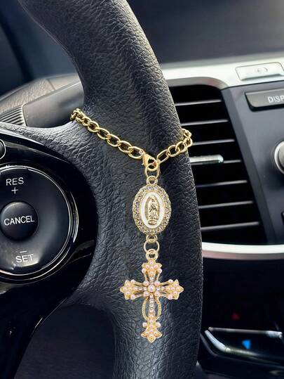 Steering Wheel Rosary Charm,Steering Wheel Accessory With Virgin Mary Charm & Cross,Catholic Rosary Hanging Pendant,Car Accessories, Cross Keychain,Adjustable Chain,Stylish Accessory,Interior Men Women Car Accessories,Suitable For Car Decorations, Bag Charms, Luggage,Headphone Charms,Unique Christian Gift - Christmas,Thanksgiving, New Year Gift,Birthday Gift For Drivers Family, Friends, Lover