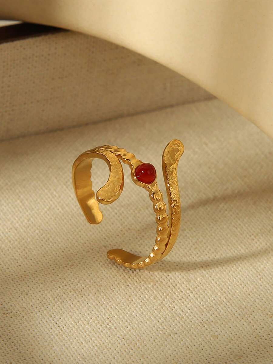 1pc 18K Gold Plated Stainless Steel Vintage Gold Natural Stone Geometric Pattern Open Ring, Bohemian Style, Inlaid Turquoise, Suitable For Daily, Holiday, Wedding, Party, Birthday, Gathering, Party Wear Decoration, Jewelry Gift For Friends And Besties