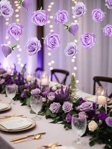 21个紫色玫瑰花环挂钩，20朵紫色玫瑰+500厘米透明线，DIY花卉窗帘材料人造丝花悬挂装饰 - 适用于婚礼拱门、婴儿派对、新娘派对、花束、房间装饰、家居花园春夏婚礼派对拱门墙面装饰、派对中心装饰和天花板装饰、漂浮花卉墙面悬挂装饰、DIY爱好者礼物生日毕业情人节 - 紫色 - 查看 9