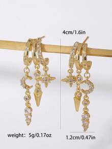 1 Pair Minimalist Luxury Crescent Moon Asymmetric Earrings, Shiny Chain Tassel Design, Suitable For Party, Gift, Commute And Daily Wear - Gold - View 3