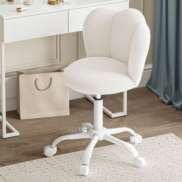 Sedia da ufficio, sedia da scrivania, sedia da toeletta regolabile in altezza, sedia girevole in pelle Sherpa, cuscino spesso (fino a 150 kg) per studio, camera da letto, bianca