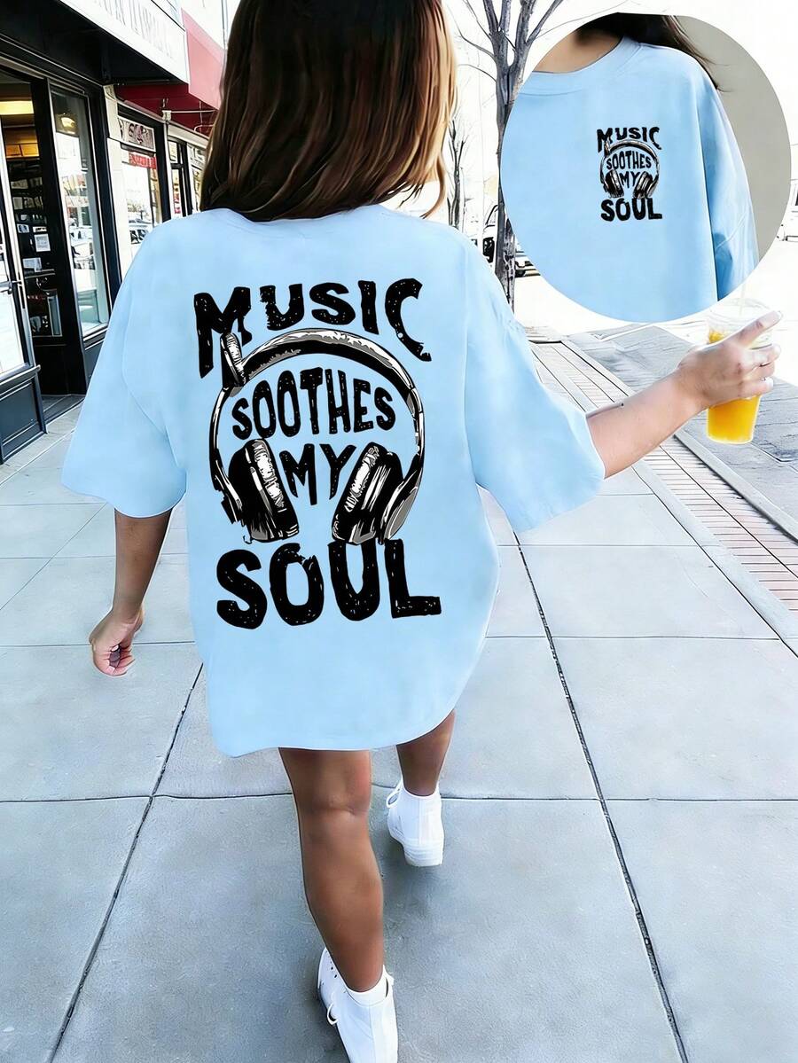 Tween Girl Casual Graphic Print Crew Neck Short Sleeve T-Shirt, Summer Top - Baby Blue - View 1
