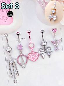 Morlyda 5件套可爱粉色钢制肚脐环,包含蝴蝶、爱心、花朵、十字架、水母、星星吊坠款式,适合日常、派对、度假佩戴,是送给女性和女孩的绝佳圣诞礼物。 - 粉色 - 查看 8