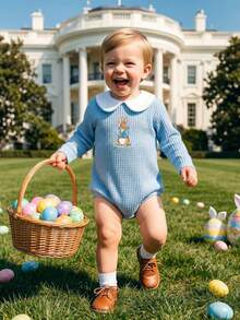 Newborn Baby Girl Boy Easter Outfit Bunny  Bubble Romper Cute Rabbit Embroidery Doll Collar Long Sleeve Bodysuit Spring Fall Winter Clothes - Màu xanh lam - Xem 3