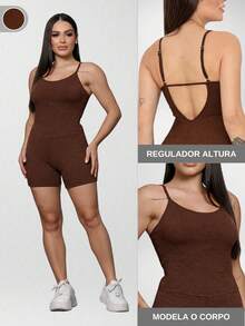 Set Of 2 Ribbed Jumpsuits With Straps For Women's Gym And Sportswear - Fitness - 巧克力棕 - 查看 2
