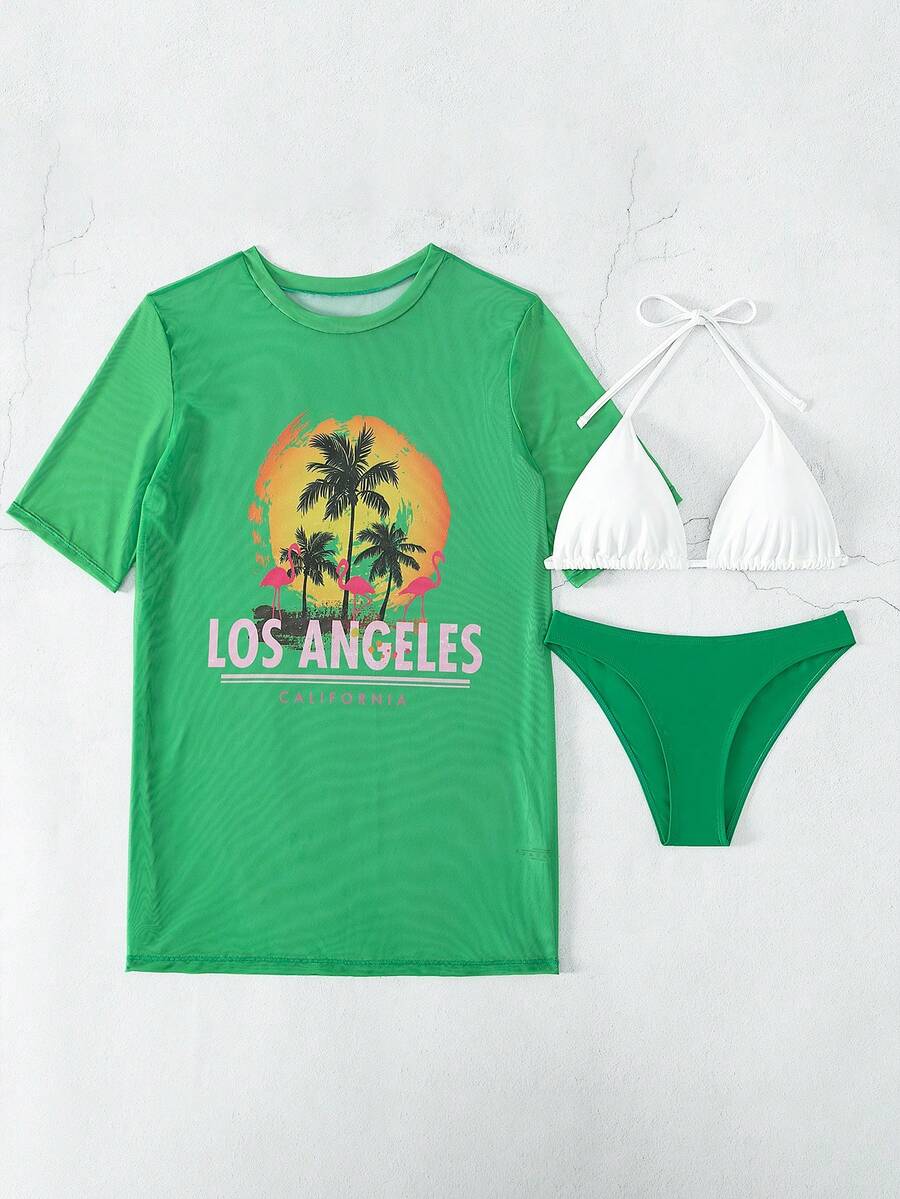 3pcs Women's Summer Spaghetti Strap Cover-Up, Bikini Swimwear Set Vacation - Green - View 1