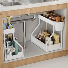 GROWSUN-2pcs Under Sink Organizer With Sliding Shelves Multi-Purpose Black Plastic Storage Basket For Bathroom And Kitchen Cabinet Durable Metal Construction Bathroom Organizer - trắng - Xem 7