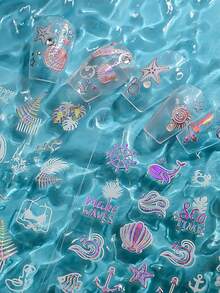 Set de 12 pegatinas de arte de uñas con diseños de conchas arcoíris con láser, coral, estrellas de mar, para primavera y verano, con temática de playa y océano, 3D y coloridos, con estilo de sirena, autoadhesivos para manicura - Multicolor - Ver 4