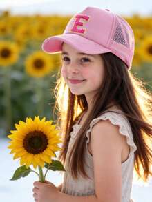 1顶儿童透气棒球帽，A-Z字母刺绣，女童网眼可调节后扣帽，户外休闲卡车司机帽，8-16岁 - 粉色 - 查看 5