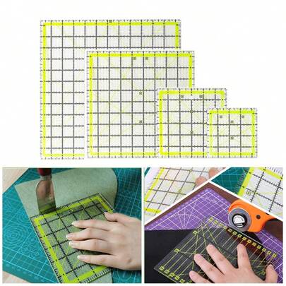 Reglas para acolchado, 4 plantillas cuadradas para acolchado (31.8cmx 31.8cm,24cmx 24cm,15cmx 15cm,11.4cmx 11.4cm), regla de corte de tela acrílica con anillos antideslizantes para costura.