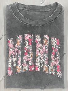 Summer Tops20262026 Washed Cotton, Floral Mom Letter Print T-Shirt, High-Quality Batik Cotton Retro Fashion Brand T-Shirt, Women's T-Shirt, Women's Autumn T-Shirt, Halloween Christmas Gift, Holiday Gift, White Tops, Valentine's Day Outfit, Mardi Gras, Summer Tops, For Women, Valentine's Day Outfits For Women, Women's Tops, Fairycore, , Elegant Women's Outfitssummer Clothes Washed Cotton - 灰色 - 查看 1