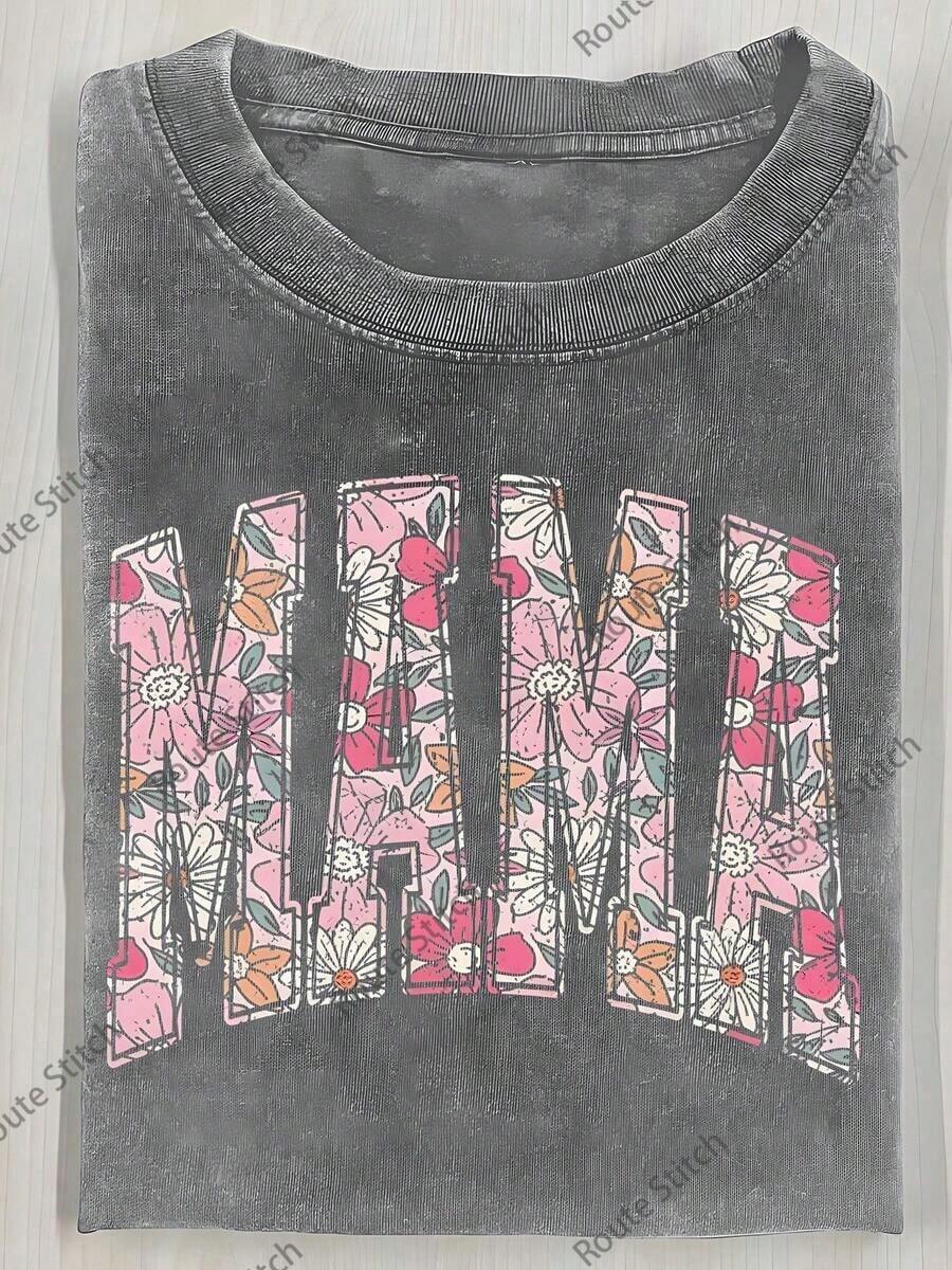 Summer Tops20262026 Washed Cotton, Floral Mom Letter Print T-Shirt, High-Quality Batik Cotton Retro Fashion Brand T-Shirt, Women's T-Shirt, Women's Autumn T-Shirt, Halloween Christmas Gift, Holiday Gift, White Tops, Valentine's Day Outfit, Mardi Gras, Summer Tops, For Women, Valentine's Day Outfits For Women, Women's Tops, Fairycore, , Elegant Women's Outfitssummer Clothes Washed Cotton - 灰色 - 查看 1