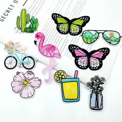 9pcs Fashionable Colorful Embroidery Patches Of Spring And Summer ,Iron On Patches, Applicable ToJackets, Hats, Backpacks, Jeans,Camping Tent -DIY Project- Iron-On/Sew-On Decorative Badges