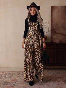 Women's Fashionable Casual Leopard Print Wide Leg Jumpsuit - Brown - View 4