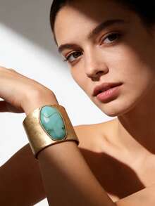 1pc Fashionable Luxury Exaggerated Outline Inlaid Oval Yellow & Green Resin Bangle Bracelet, Gift For Girlfriend, Wife, Friend - Resin Inlay - View 2