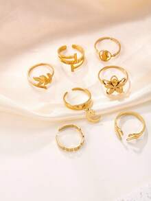 Bộ 7 chiếc nhẫn hở bằng thép không gỉ mạ vàng 18K hình hoa, trái tim, chữ La Mã, lá, sao, trăng, thích hợp cho nữ. - Vàng - Xem 3