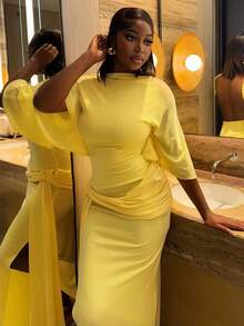 Bright, Elegant, Fashionable, Slim Fit, Party, Street Women's Clothing, Backless, Sexy, Pleated, Loose, Hip Hugging Skirt, One Collar, Tied, Slit Long Dress - 黃色 - 查看 3