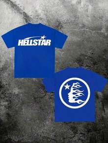 (220 Cotton T-Shirt Double-Sided Printing) White 1pc Flame & Star Graphic T-Shirt, Y2K, Streetwear, Digital Print T - Shirt Casual Comfort Cotton Tee For Spring & Summer Fall Men's Clothing, Gift, Unisex - 藍色 - 查看 1