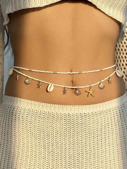 2pcs Summer Fashion Versatile Bohemian Style Shell Pearl Starfish Women Waist Chain, Suitable For Beach, Travel, Daily Decoration, Outfit Matching, Dating, Party, Holiday Gift
