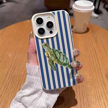 1pc TPU Material Deep Blue White Striped Green Sea Turtle Pattern Phone Case Suitable Compatible With Apple 17 Pro Max/17/16 Pro Max/15/13/12/11, S20 FE/A15/S24/A55, Note 11/Note 12/Note 13 Pro, Full Coverage Anti-Drop Soft Protective Phone Case - White - View 4