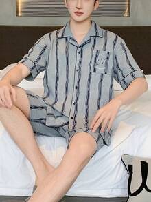 2pcs Men's Cardigan Pajama Set, Short Sleeve Top And Shorts, Breathable Moisture-Wicking Loungewear - Light Grey - View 3